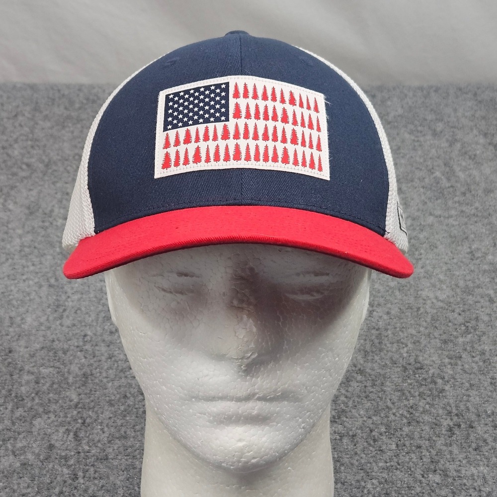 Columbia Trucker Hat Mens L XL Blue Red White Flag Tree Patch Mesh Snapback Cap